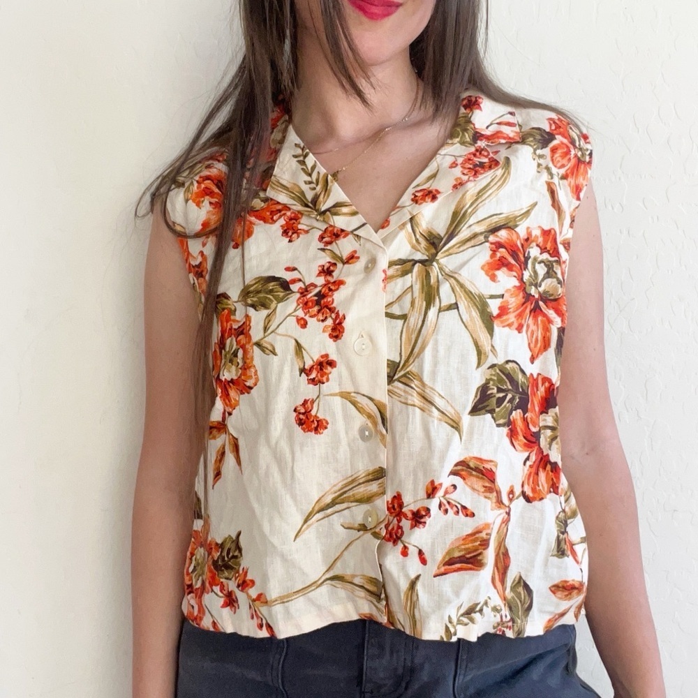 Floral Sleeveless Women's Top - Cream and Orange